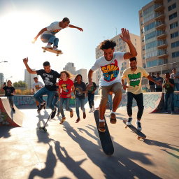A vibrant urban scene featuring a group of stylish skaters performing tricks in a skate park