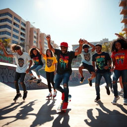 A vibrant urban scene featuring a group of stylish skaters performing tricks in a skate park
