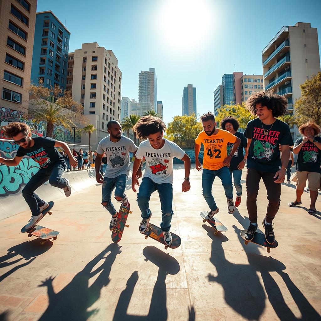 A vibrant urban scene featuring a group of stylish skaters performing tricks in a skate park