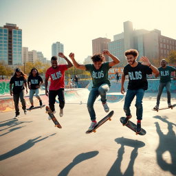 A vibrant urban scene featuring a group of stylish skaters performing tricks in a skate park