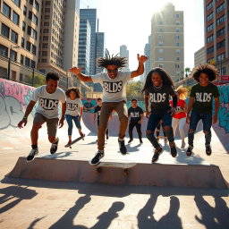 A vibrant urban scene featuring a group of stylish skaters performing tricks in a skate park