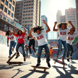 A vibrant urban scene featuring a group of stylish skaters performing tricks in a skate park