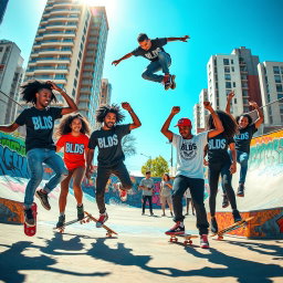 A vibrant urban scene featuring a group of stylish skaters performing tricks in a skate park