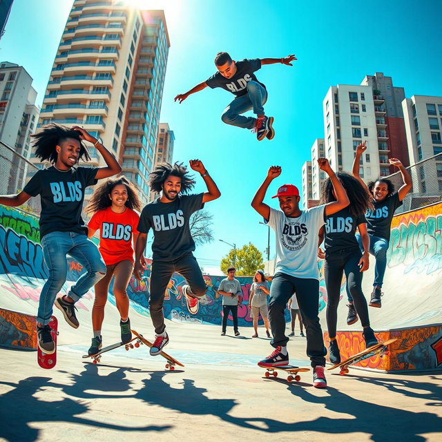 A vibrant urban scene featuring a group of stylish skaters performing tricks in a skate park