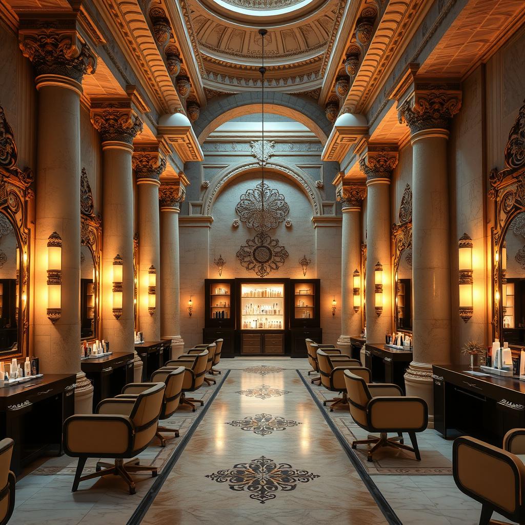 An enchanting beauty salon designed with historical and classic aesthetics inspired by Persepolis, featuring grand columns, intricate stone carvings, and elegant arches