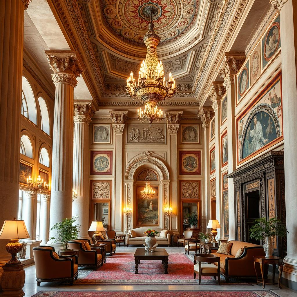 A beautiful salon interior designed with historical and classic elements inspired by Persepolis, featuring grand columns, intricate stone carvings, and ornate Persian motifs