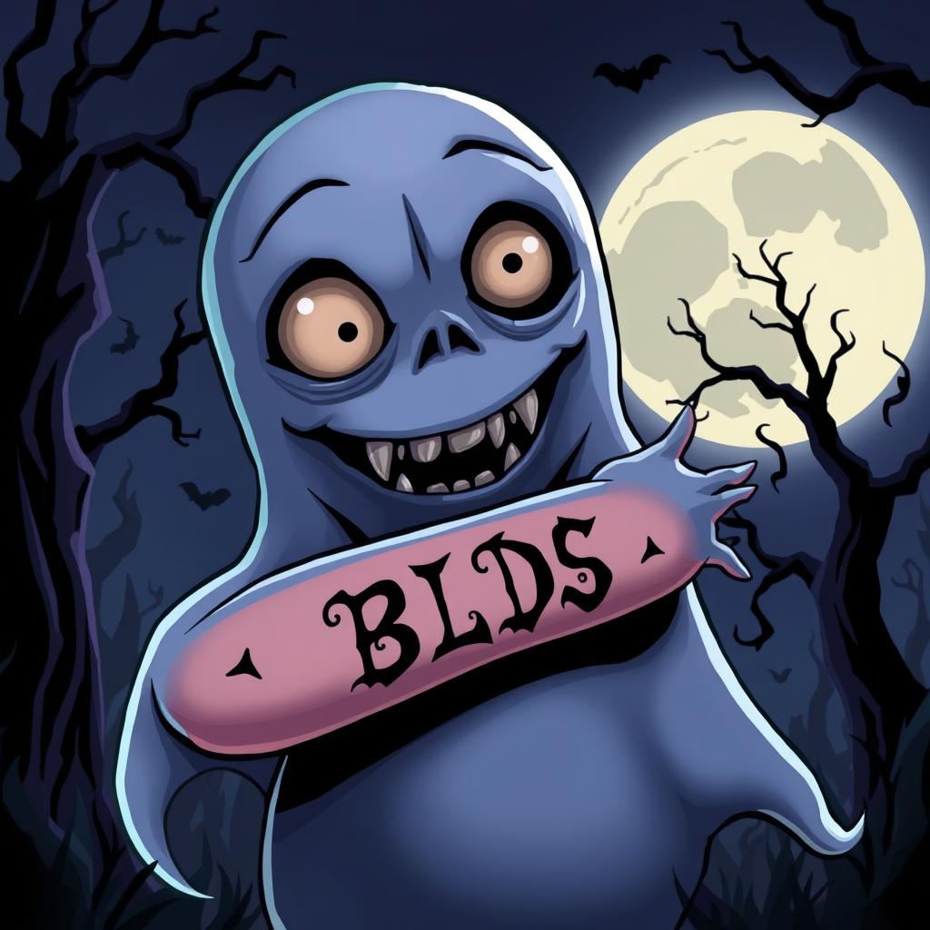 A cartoon horror scene featuring a spooky character with a whimsical yet eerie design