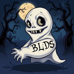 A cartoon horror scene featuring a spooky character with a whimsical yet eerie design