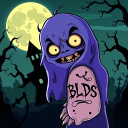 A cartoon horror scene featuring a spooky character with a whimsical yet eerie design