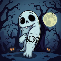 A cartoon horror scene featuring a spooky character with a whimsical yet eerie design