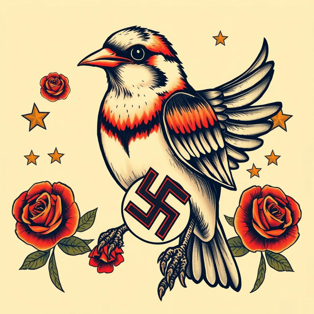 An old-school tattoo style depiction of a sparrow with a human face, detailed feathers and a classic design aesthetic
