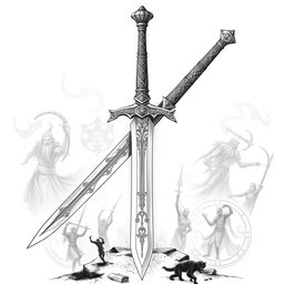 A highly detailed black and white drawing of the legendary dwarven longsword known as Durandil, renowned for its holy and mythic attributes as an undead killer