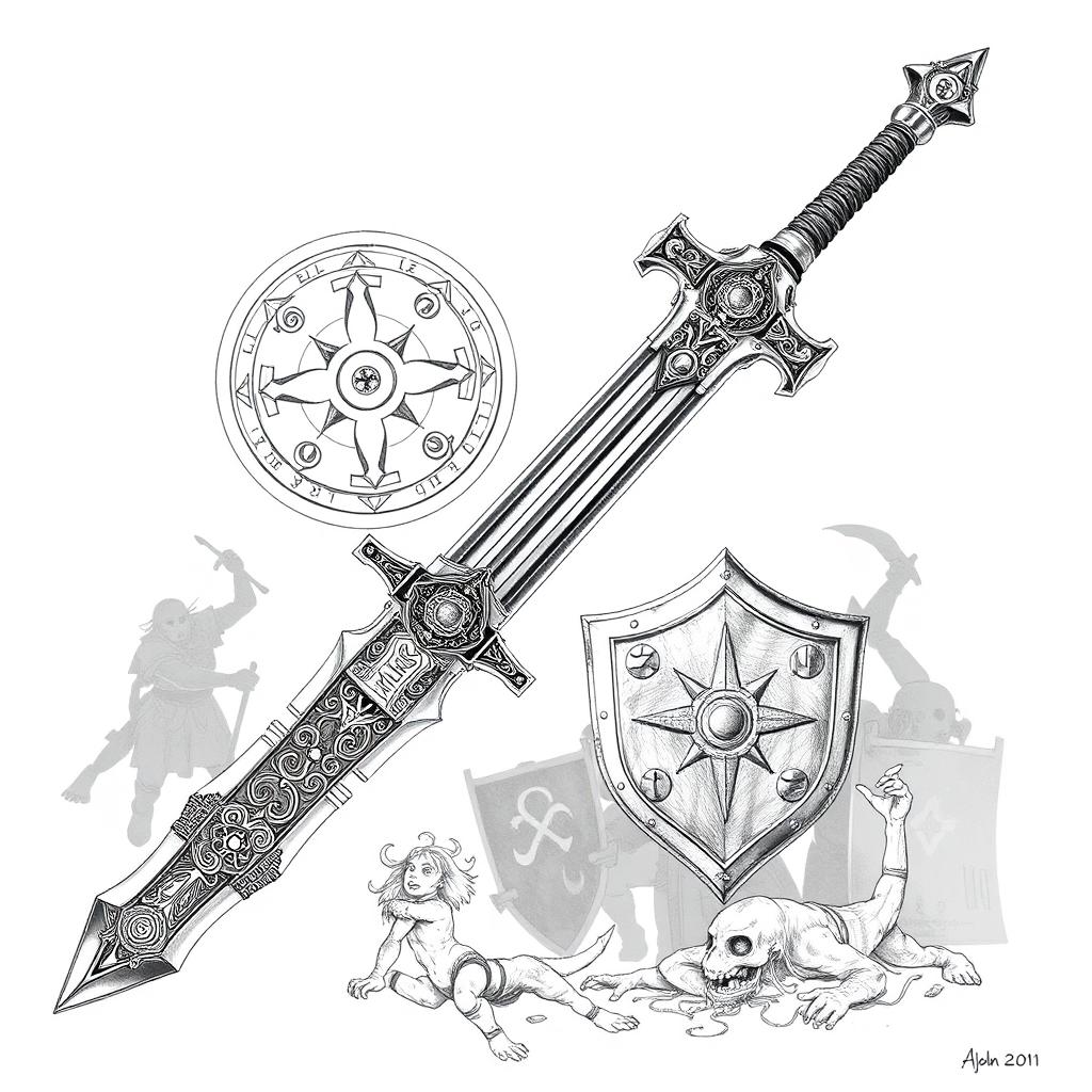A highly detailed black and white drawing of the legendary dwarven longsword known as Durandil, renowned for its holy and mythic attributes as an undead killer