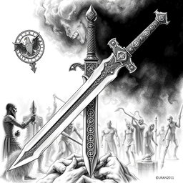 A highly detailed black and white drawing of the legendary dwarven longsword known as Durandil, renowned for its holy and mythic attributes as an undead killer