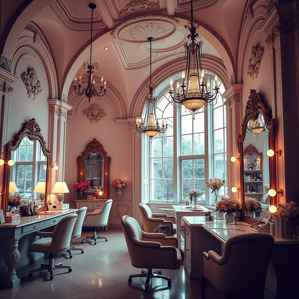 A luxurious beauty salon featuring historical architecture, showcasing elegant arches and intricate moldings