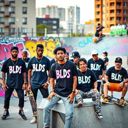 A vibrant urban scene showcasing a group of stylish skaters at a skate park