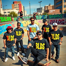 A vibrant urban scene showcasing a group of stylish skaters at a skate park