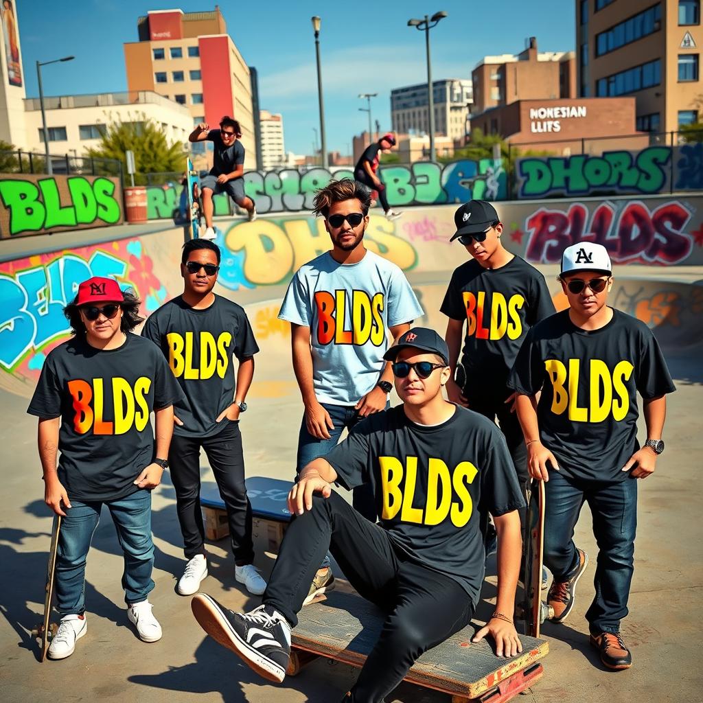 A vibrant urban scene showcasing a group of stylish skaters at a skate park
