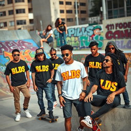 A vibrant urban scene showcasing a group of stylish skaters at a skate park