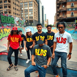 A vibrant urban scene showcasing a group of stylish skaters at a skate park