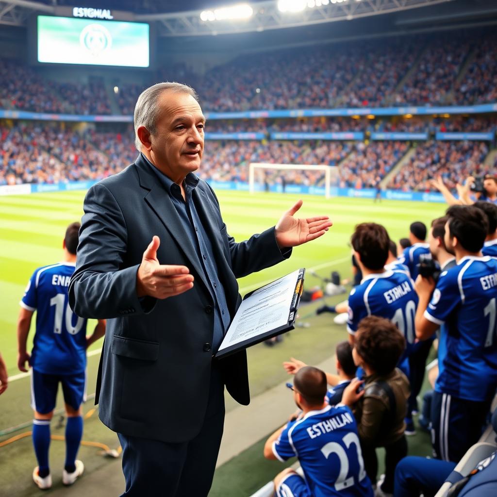 An iconic football coach of Esteghlal team in Iran, known for his tactical genius and leadership skills, standing on the sidelines during an intense match