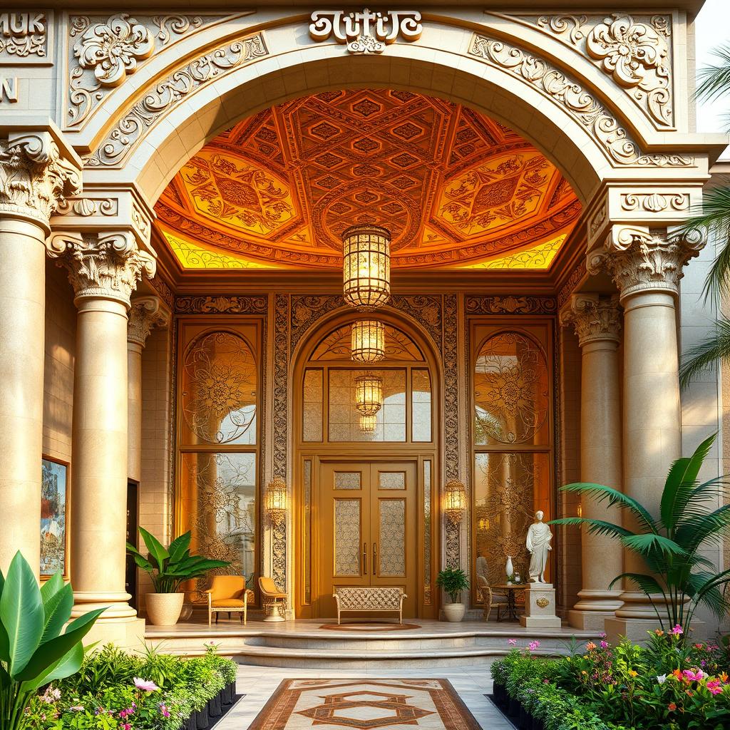 A luxurious beauty salon designed with ancient Persian Achaemenid architecture, featuring grand columns, intricate stone carvings, and beautiful mosaic patterns