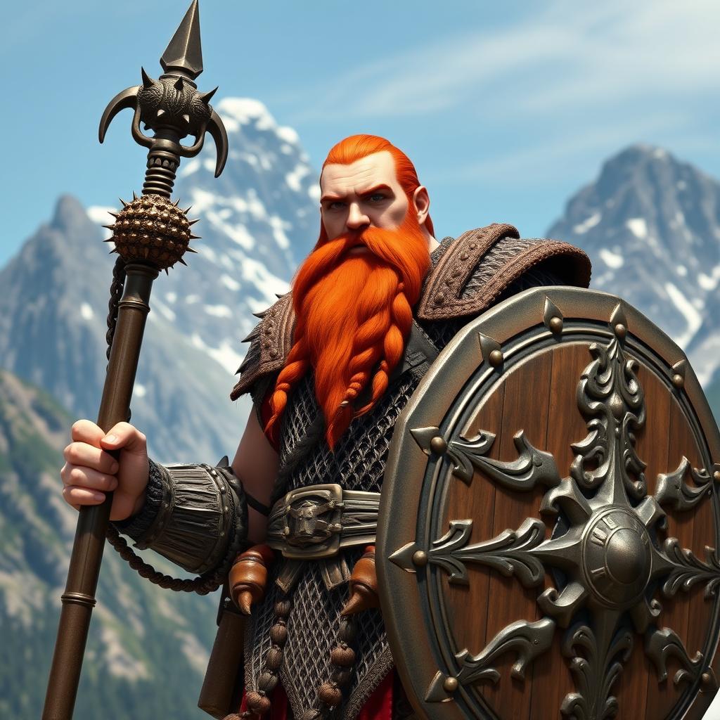 A powerful and sturdy dwarf cleric with bright red hair and a meticulously braided beard