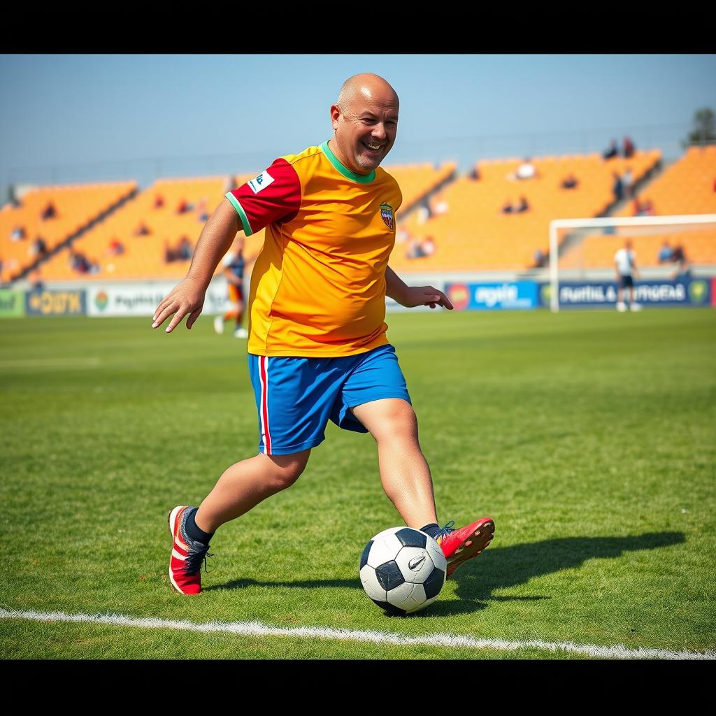 A cheerful 50-year-old overweight bald man standing at 170 cm tall, actively playing soccer on a sunny day