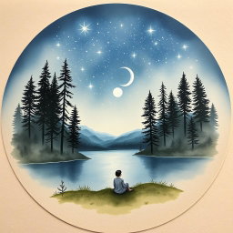 A circular image resembling a watercolor painting on cardboard, depicting a serene and dreamy natural landscape at night