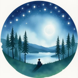 A circular image resembling a watercolor painting on cardboard, depicting a serene and dreamy natural landscape at night