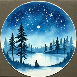 A circular image resembling a watercolor painting on cardboard, depicting a serene and dreamy natural landscape at night