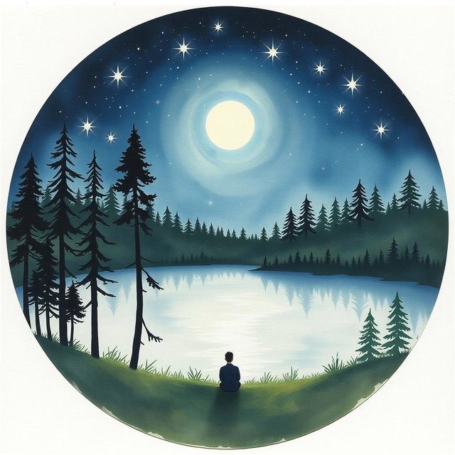 A circular image resembling a watercolor painting on cardboard, depicting a serene and dreamy natural landscape at night