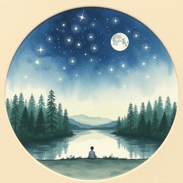 A circular image resembling a watercolor painting on cardboard, depicting a serene and dreamy natural landscape at night
