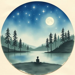 A circular image resembling a watercolor painting on cardboard, depicting a serene and dreamy natural landscape at night