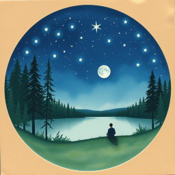 A circular image resembling a watercolor painting on cardboard, depicting a serene and dreamy natural landscape at night