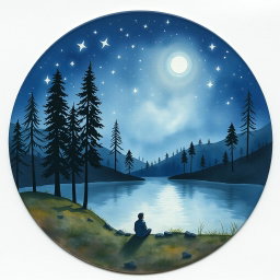 A circular image resembling a watercolor painting on cardboard, depicting a serene and dreamy natural landscape at night