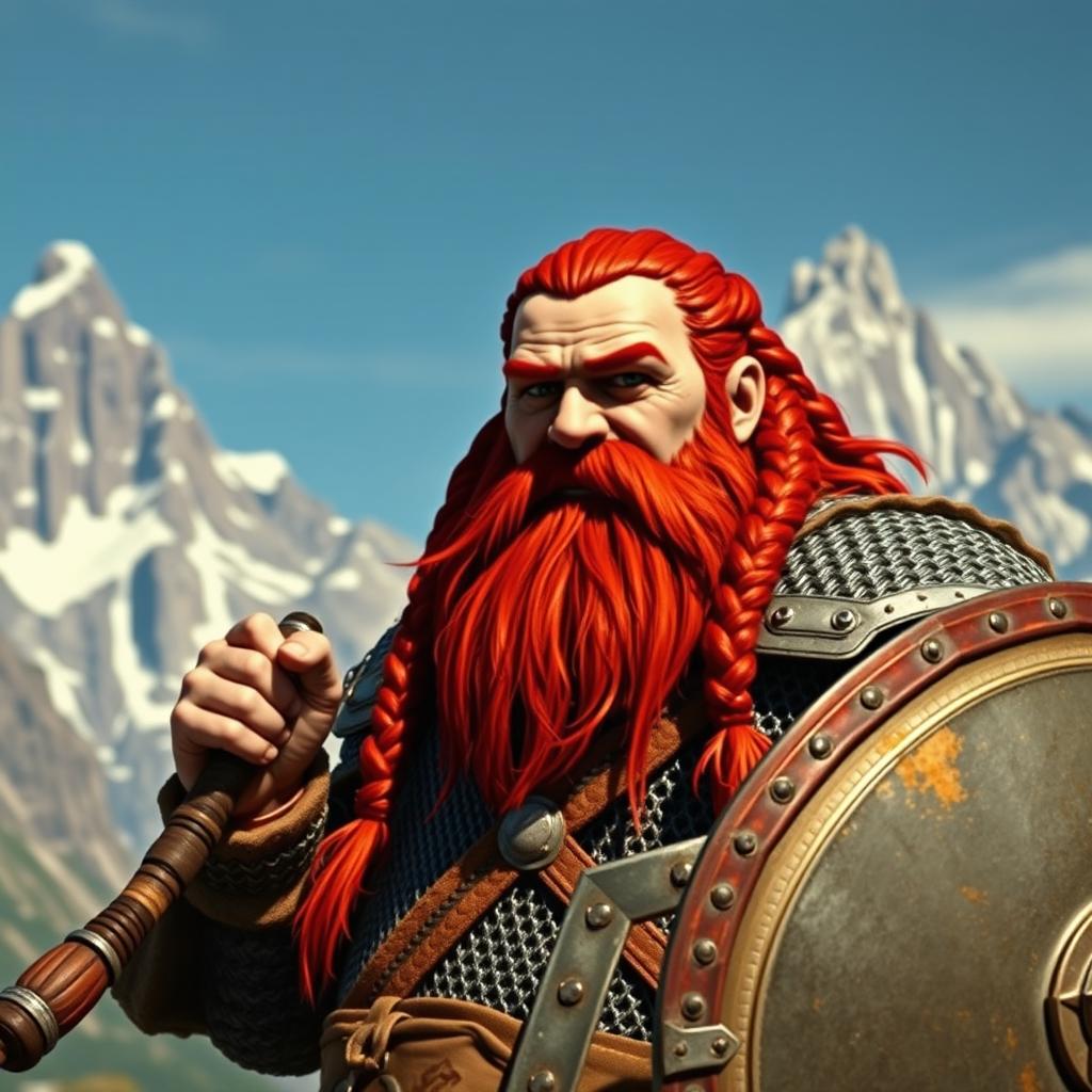 A sturdy dwarf cleric with vibrant red hair styled in braids, showcasing a prominent braided beard
