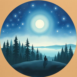 A circular image resembling a watercolor painting on cardboard, illustrating a serene and dreamy natural landscape at night