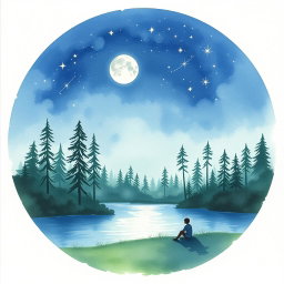 A circular image resembling a watercolor painting on cardboard, illustrating a serene and dreamy natural landscape at night