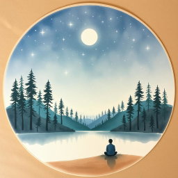 A circular image resembling a watercolor painting on cardboard, illustrating a serene and dreamy natural landscape at night