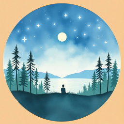 A circular image resembling a watercolor painting on cardboard, illustrating a serene and dreamy natural landscape at night