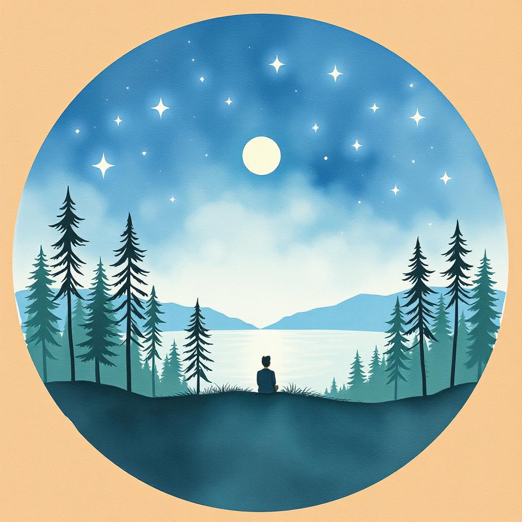 A circular image resembling a watercolor painting on cardboard, illustrating a serene and dreamy natural landscape at night