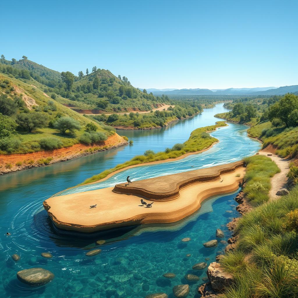 A detailed landscape depicting the Karoon River showcasing the sedimentation process