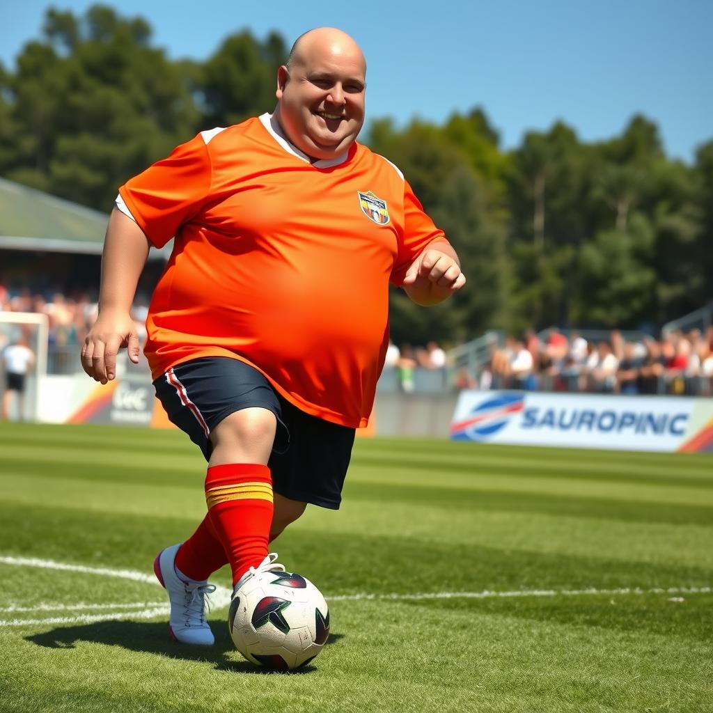 A cheerful 50-year-old overweight bald man with very pale skin, standing at 170 cm tall, actively playing soccer