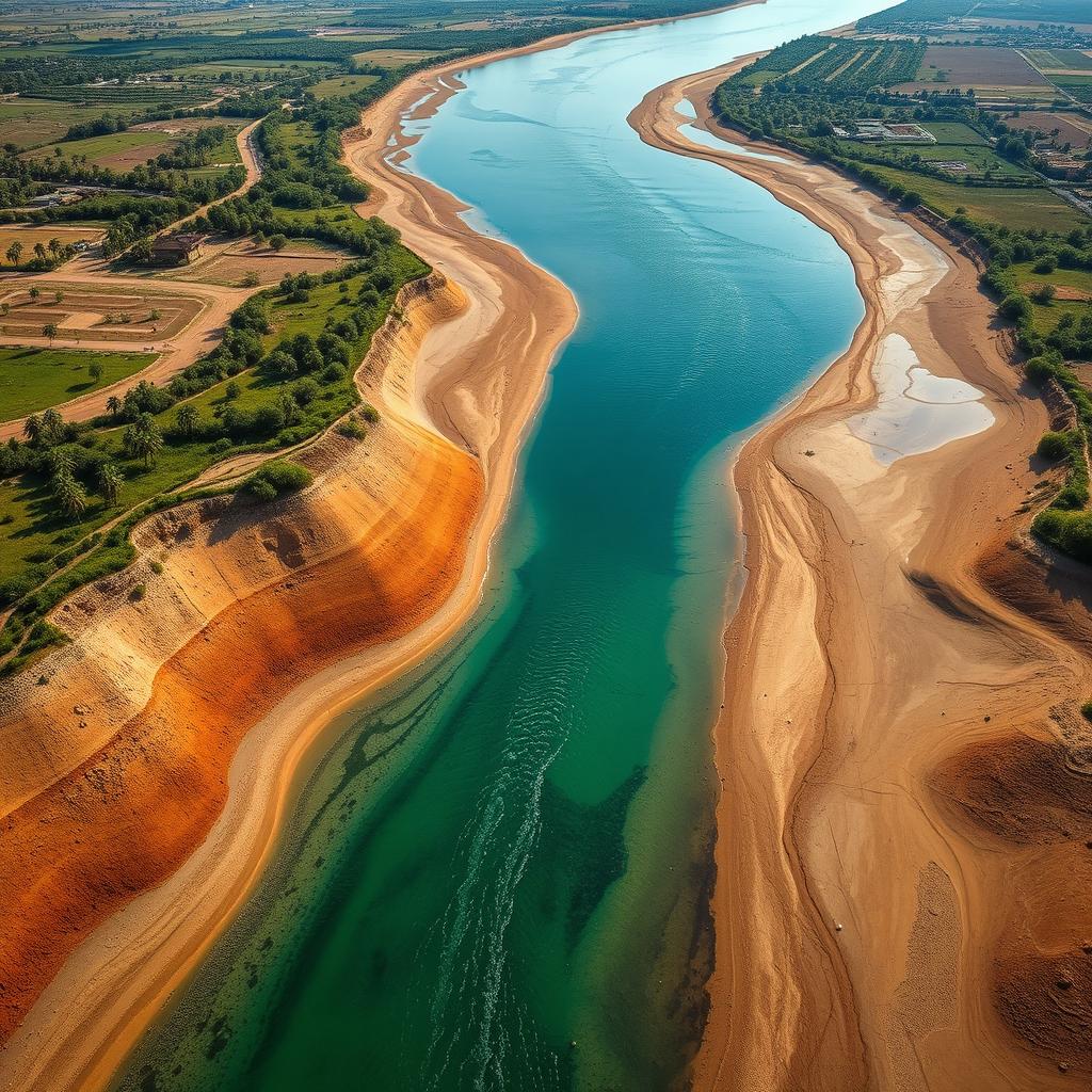 A captivating aerial view of the Karoon River flowing through Ahwaz, Iran, prominently showcasing the sedimentation process