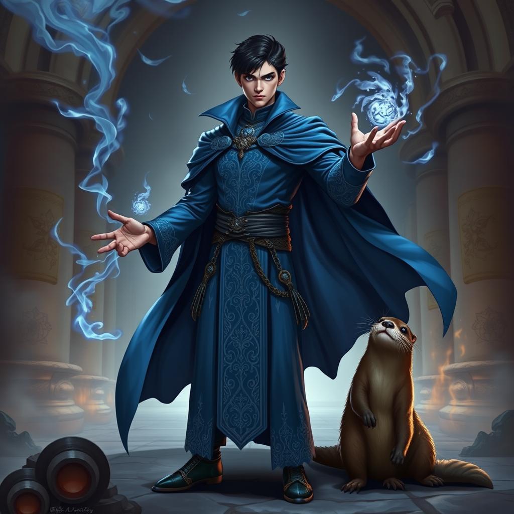 A full body portrait of a handsome human necromancer standing confidently in a temple background