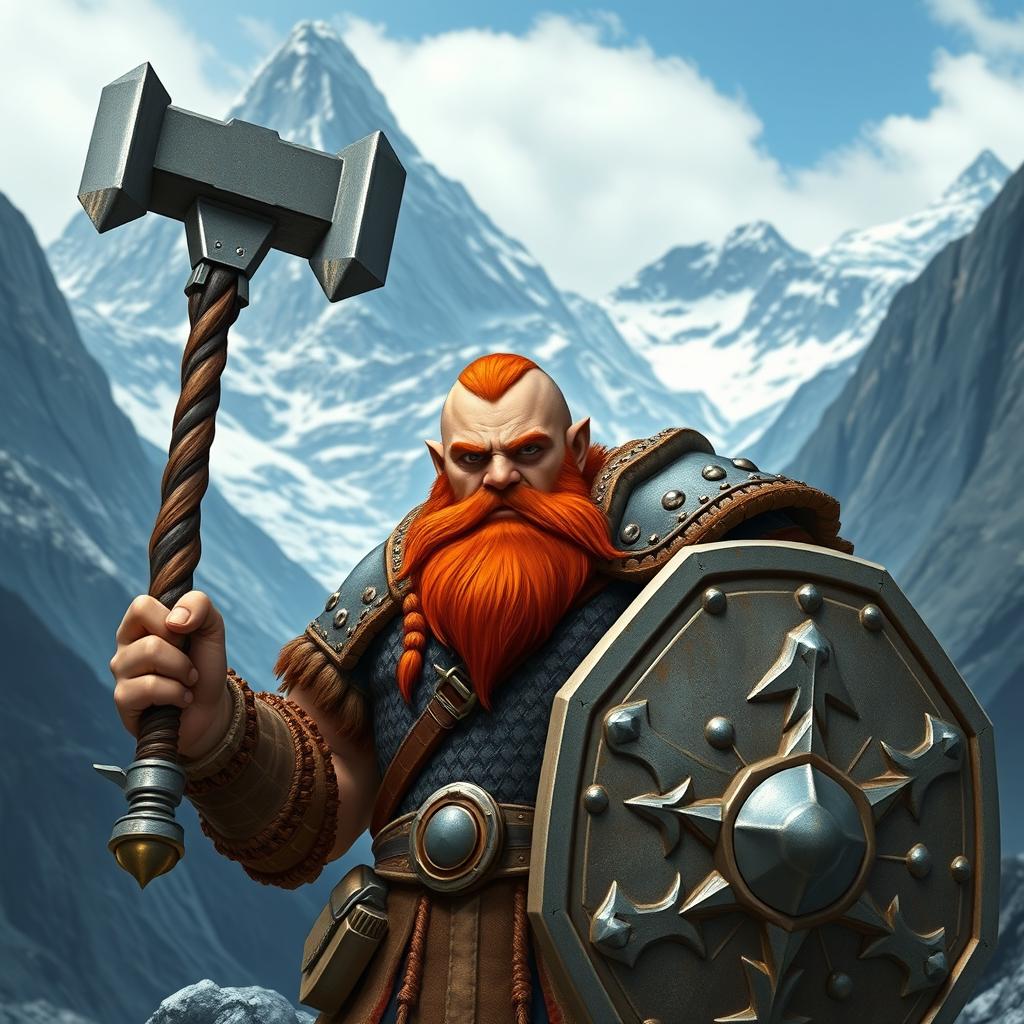 A strong, red-haired dwarf cleric with a braided beard, holding a Meteor hammer in one hand and a shield in the other, dressed in detailed chainmail armor