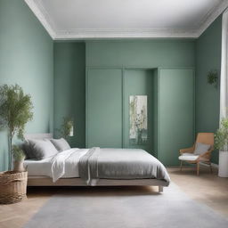 A 5.5m² bedroom with a double bed, a wardrobe, a chair and botanical elements in the paintings. It is highlighted by a tone of grayish-green.