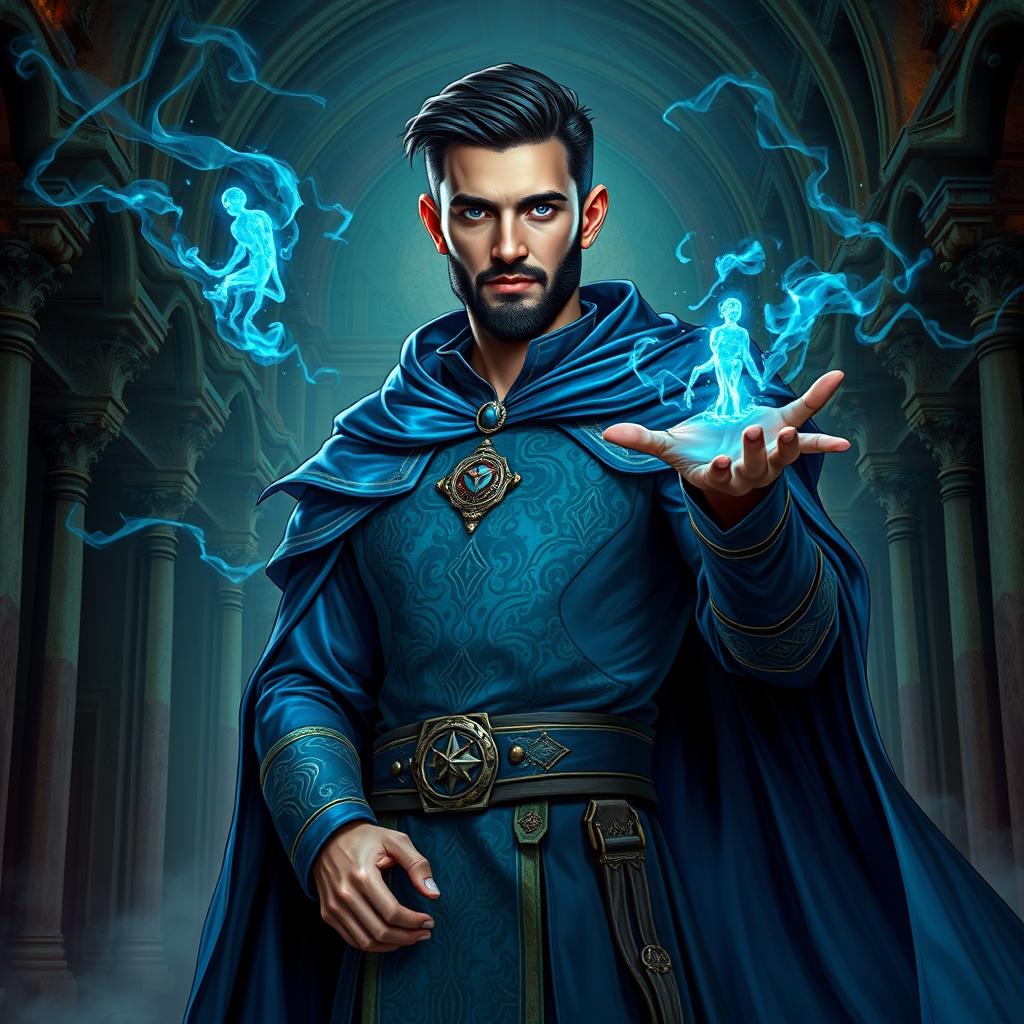A full-body portrait of a handsome male wizard necromancer standing confidently, sporting a short beard and sleek black hair