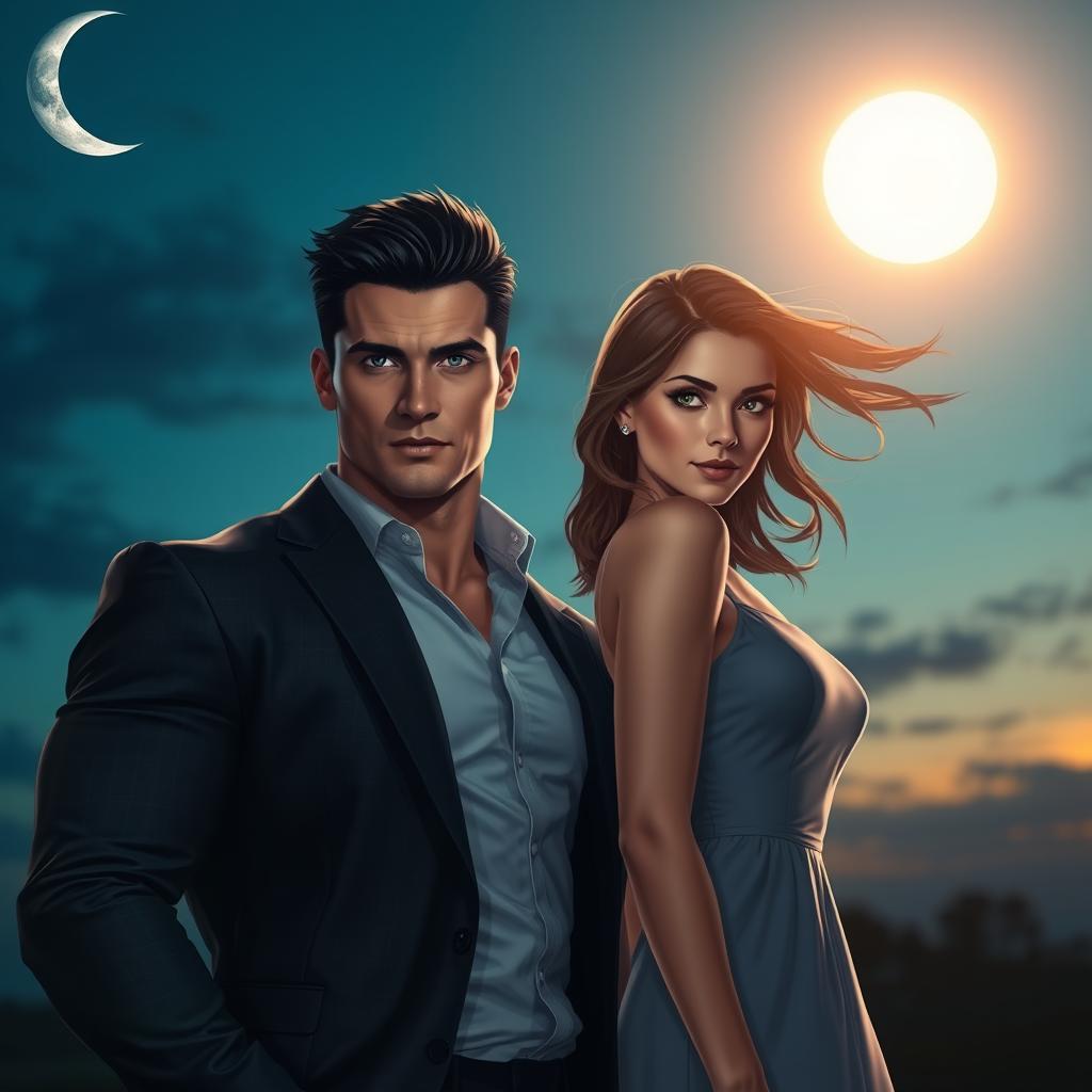 A dynamic scene set during a twilight hour where a crescent moon appears on one side of the sky, while a full sun shines brightly on the opposite side